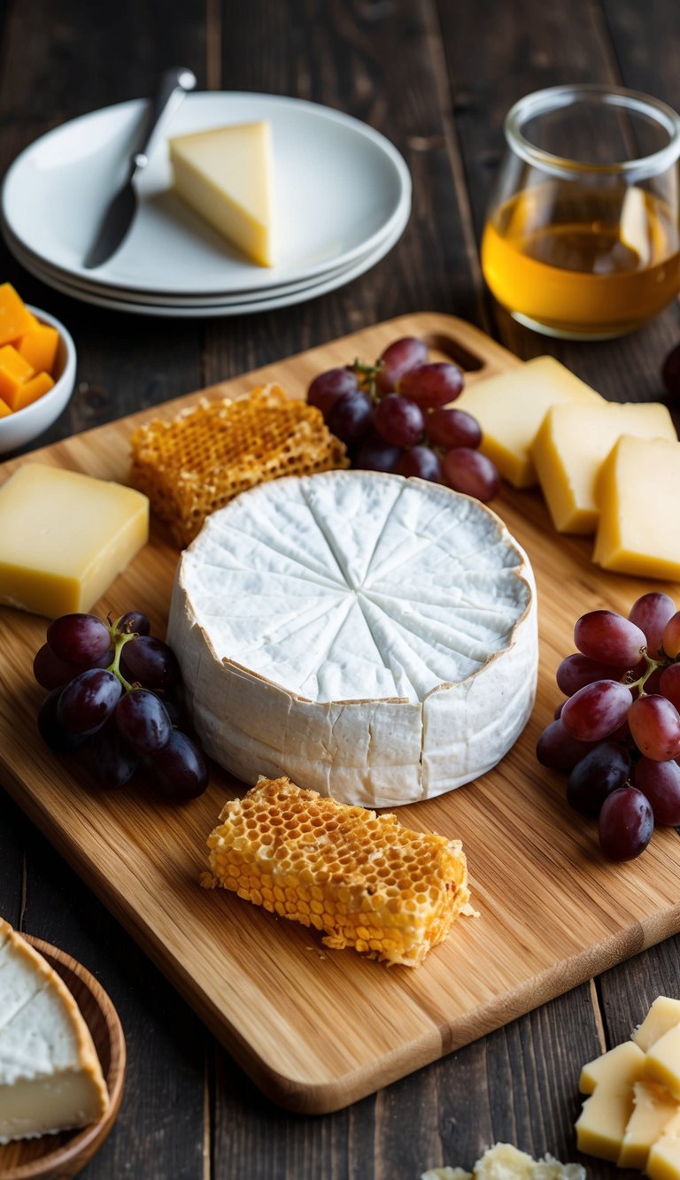 A wooden charcuterie board with a large wheel of brie, surrounded by honeycomb, grapes, and other assorted cheeses and fruits