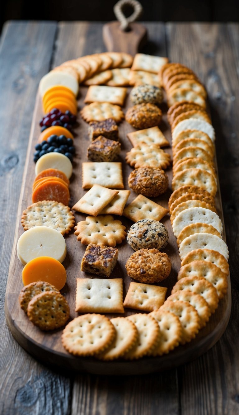 A rustic wooden board is adorned with an array of assorted artisan crackers, arranged in an appealing and artistic display. A variety of textures, shapes, and colors create a visually captivating scene
