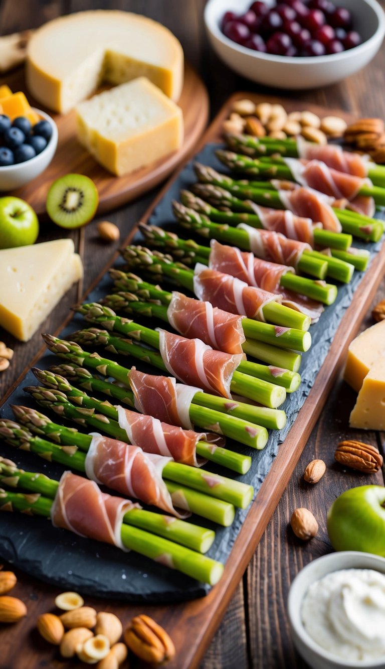 Asparagus spears wrapped in prosciutto arranged on a rustic wooden charcuterie board with an assortment of cheeses, fruits, and nuts