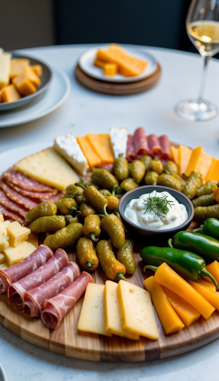 A charcuterie board with a variety of meats, cheeses, and stuffed Peppadew peppers arranged in an elegant and appetizing display