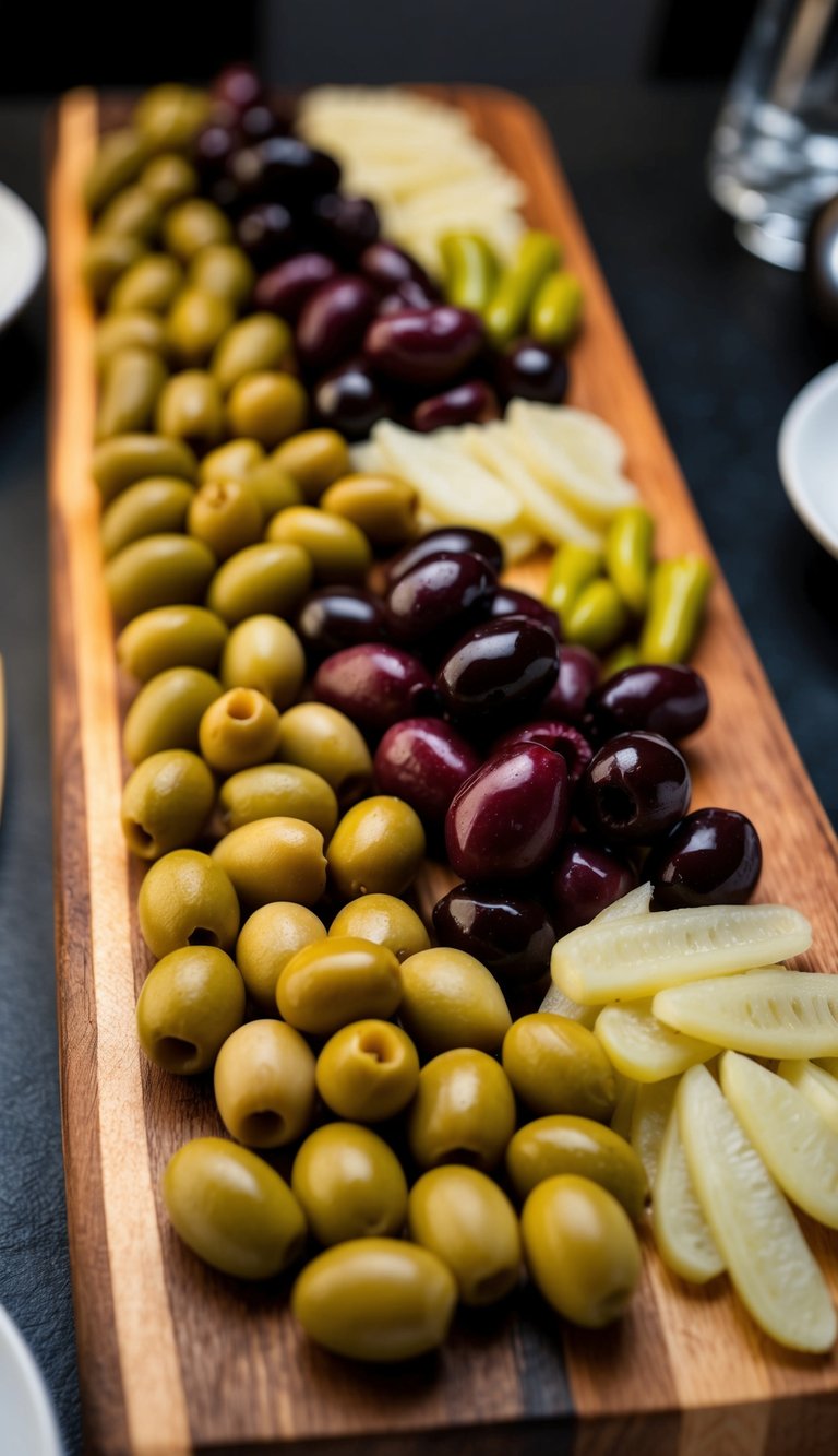 A wooden charcuterie board with an assortment of olives and cornichons arranged in an artistic and appetizing display
