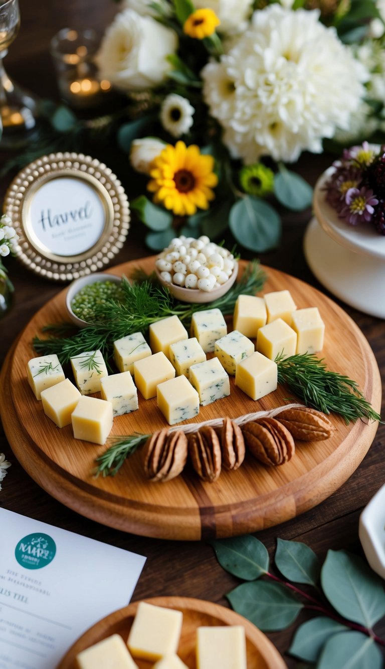 A wooden charcuterie board with Havarti dill cheese cubes, surrounded by various wedding-themed decor and floral accents
