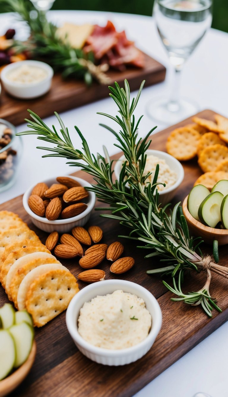 A wooden charcuterie board adorned with rosemary sprigs and Marcona almonds, surrounded by other wedding-themed appetizers and snacks