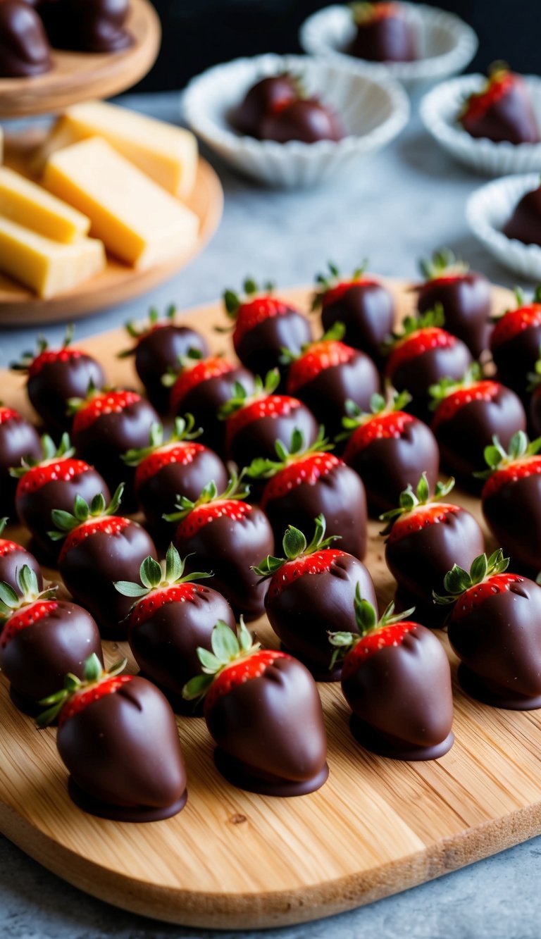 A wooden charcuterie board with an assortment of dark chocolate-covered strawberries arranged in an elegant and appetizing display