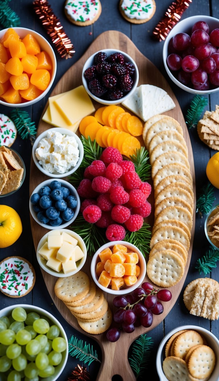 A colorful array of bite-sized treats arranged on a wooden board, including fruits, cheeses, crackers, and sweet treats, surrounded by festive decorations