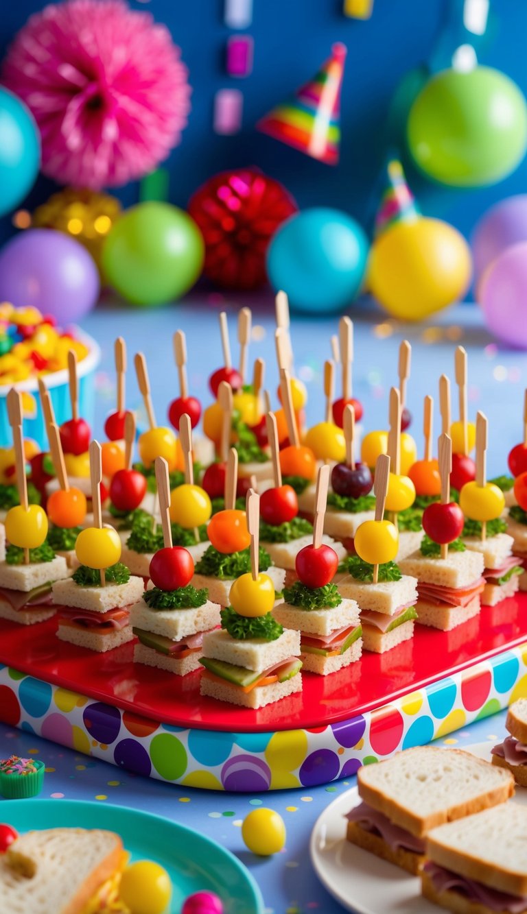A colorful array of mini sandwich skewers arranged on a vibrant kids' birthday charcuterie board, surrounded by playful and festive decorations