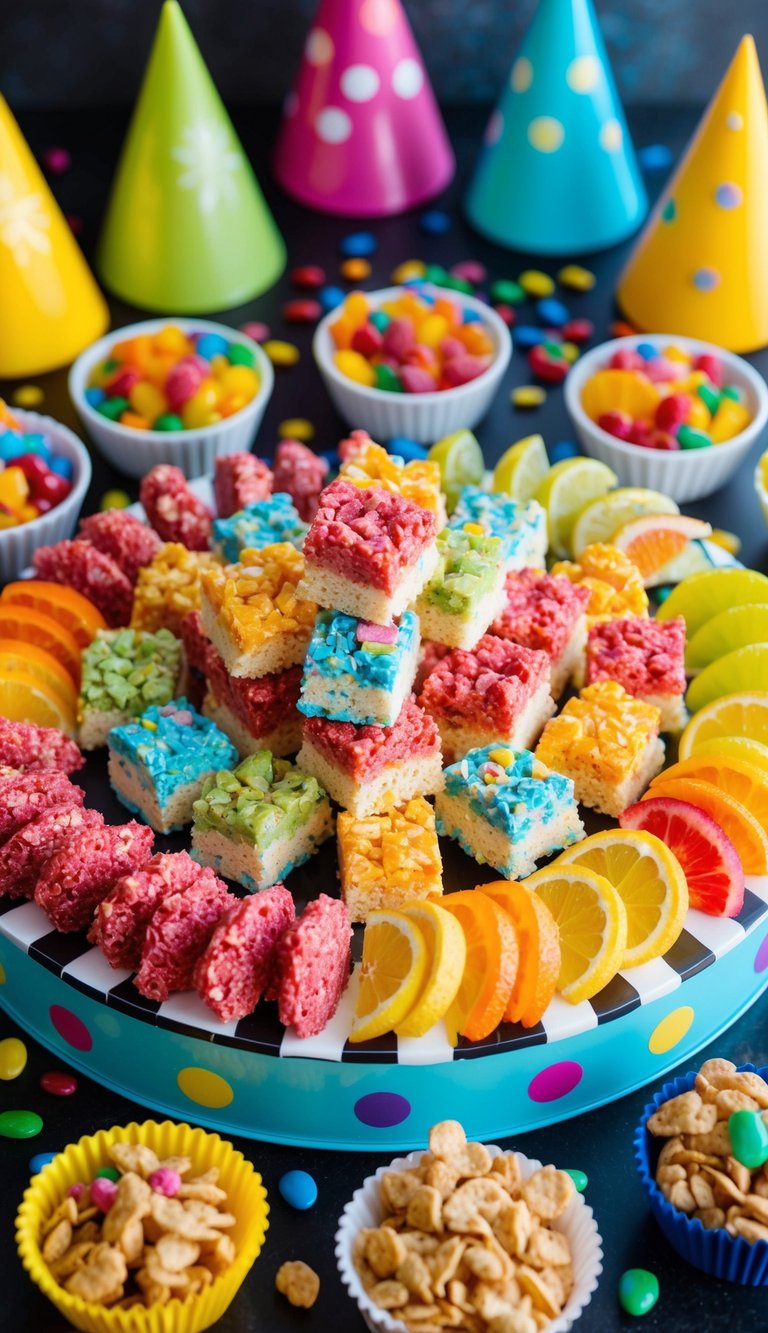 A colorful array of Fruity Pebbles Rice Krispie treats arranged on a festive birthday charcuterie board, surrounded by 10 playful and vibrant kids' party snacks
