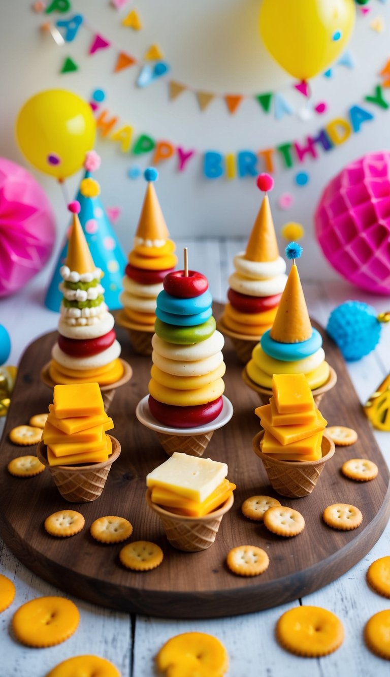 A colorful assortment of cheese and crackers arranged in cone shapes on a wooden board, surrounded by playful birthday-themed decorations