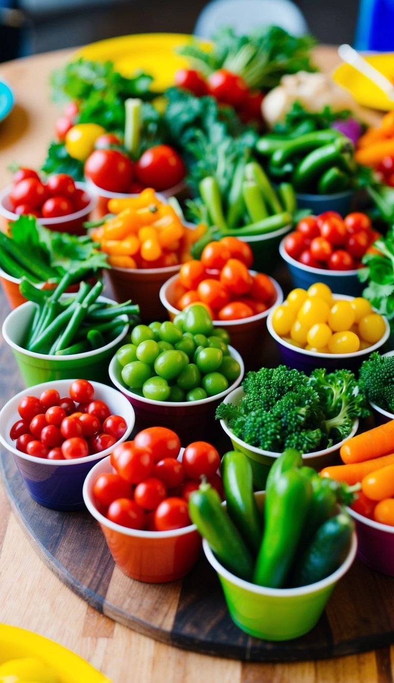 A colorful array of fresh vegetables arranged in small cups on a wooden board, creating a vibrant and inviting display for a kids' birthday celebration