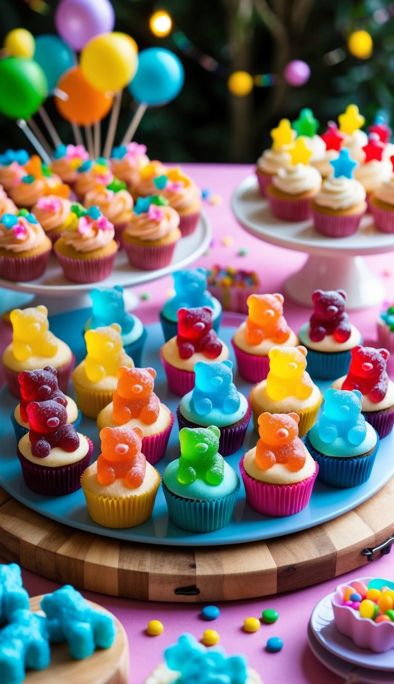 A colorful array of gummy bear cupcakes arranged on a festive birthday charcuterie board, surrounded by playful decorations