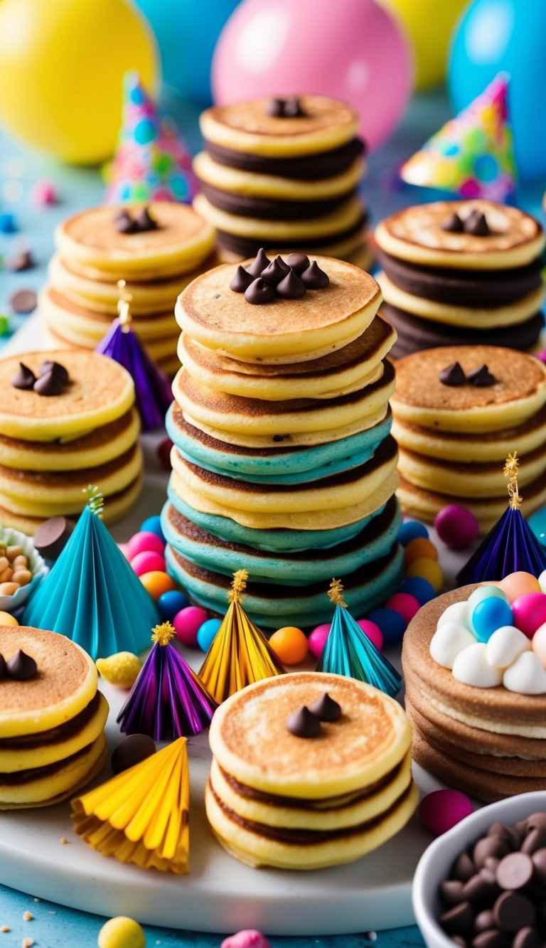 A colorful array of mini chocolate chip pancakes arranged on a festive birthday charcuterie board surrounded by playful decorations