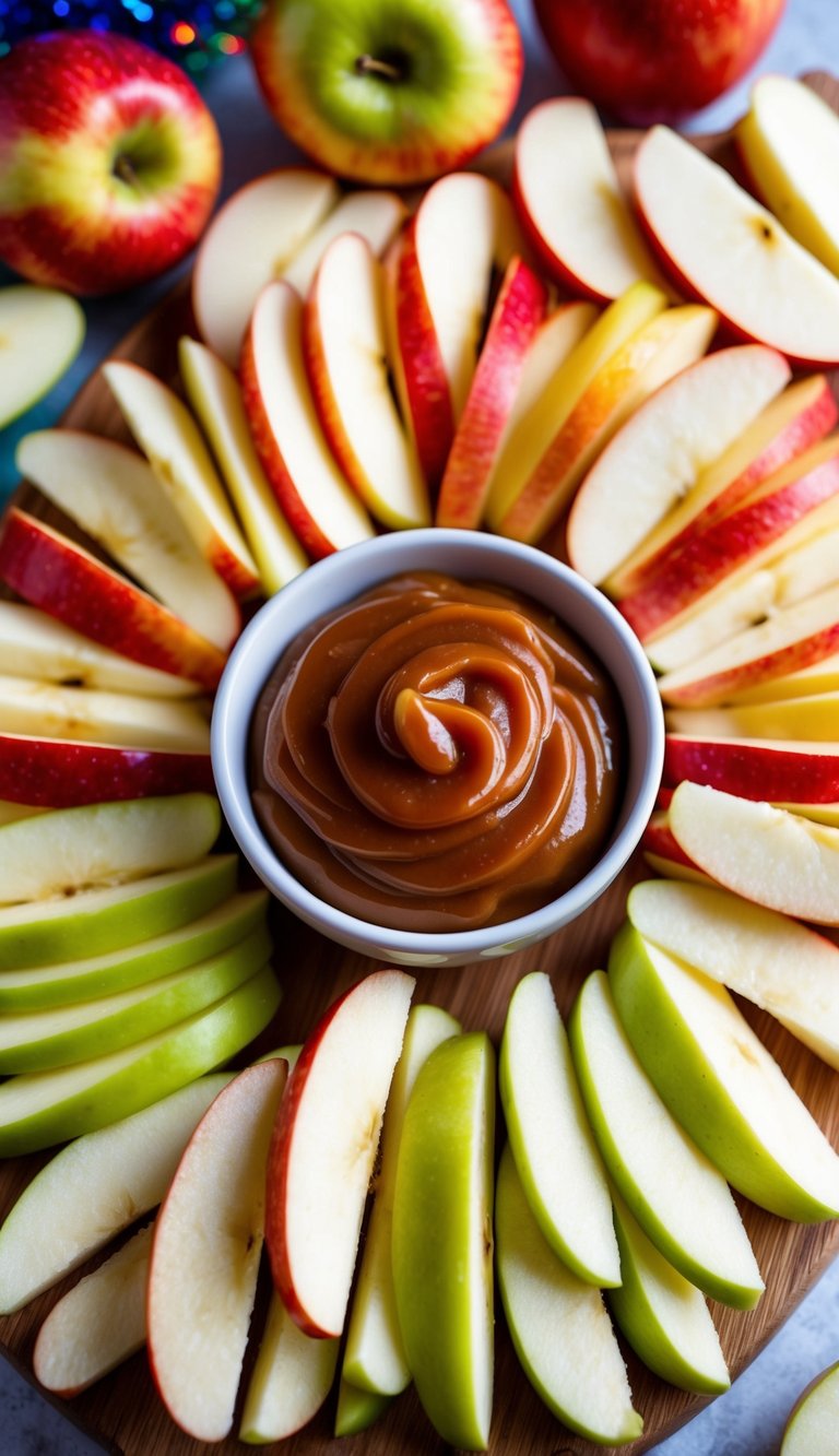 A colorful array of apple slices arranged around a bowl of caramel dip on a festive kids' birthday charcuterie board