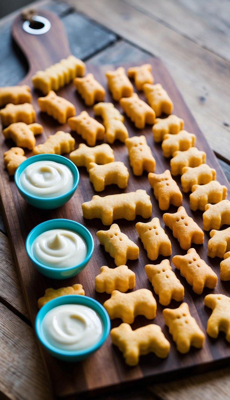 A colorful array of animal-shaped crackers arranged on a wooden board, accompanied by small bowls of creamy yogurt dipping sauce