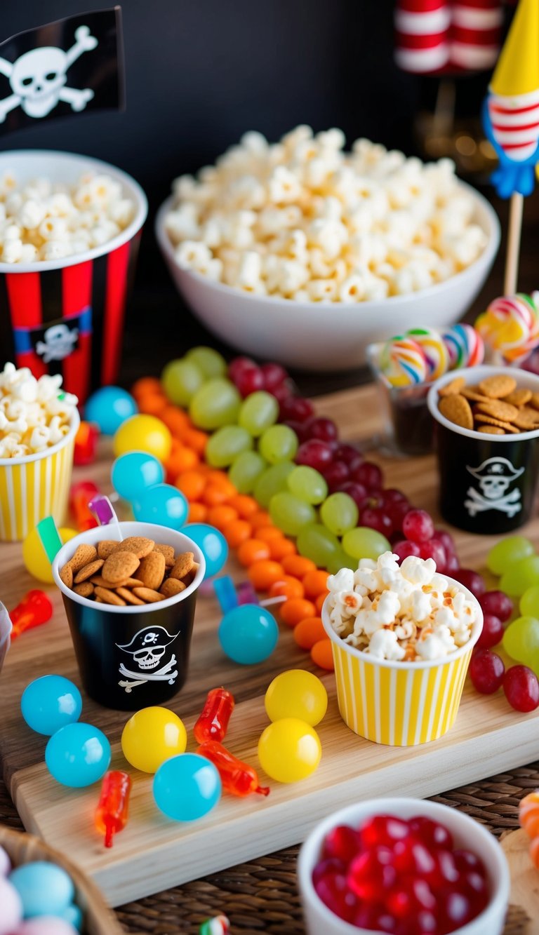 A pirate-themed birthday party with a colorful charcuterie board featuring popcorn, candy, and other treats for kids