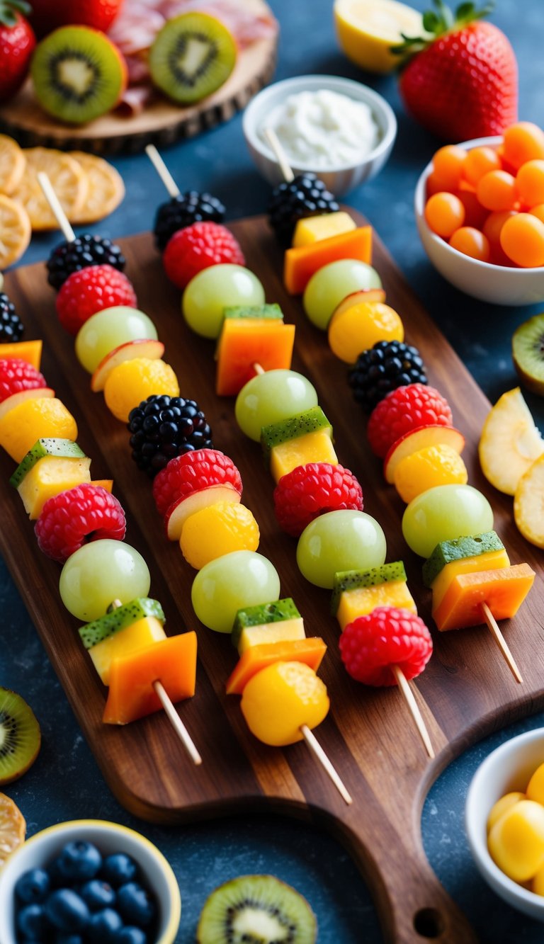 A colorful array of fruit kabobs arranged on a wooden board, surrounded by various other kid-friendly charcuterie items