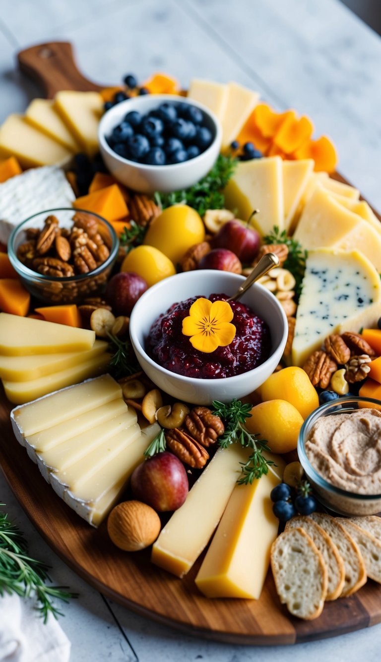 A festive charcuterie board with an assortment of cheeses, meats, fruits, nuts, and spreads arranged on a wooden platter, garnished with fresh herbs and edible flowers