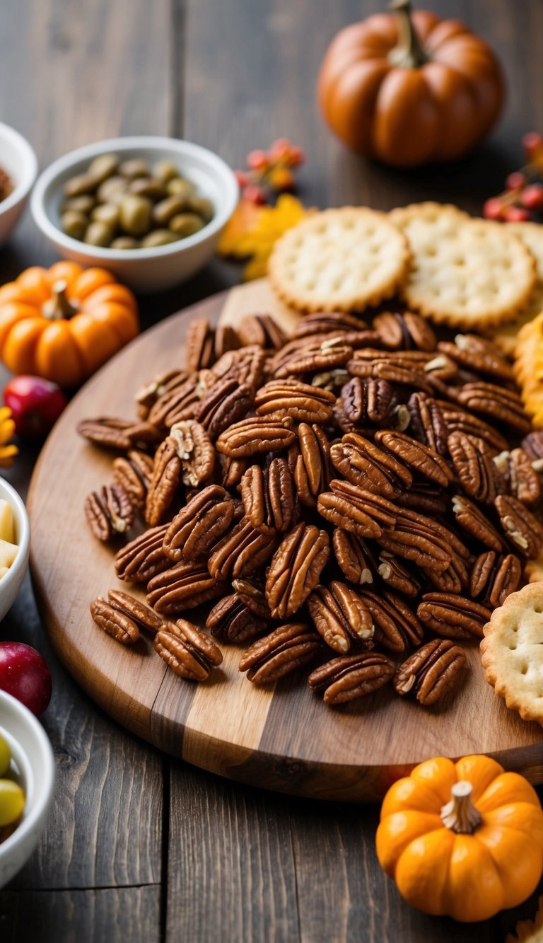 A wooden charcuterie board featuring maple glazed pecans, surrounded by various Thanksgiving-themed snacks and appetizers