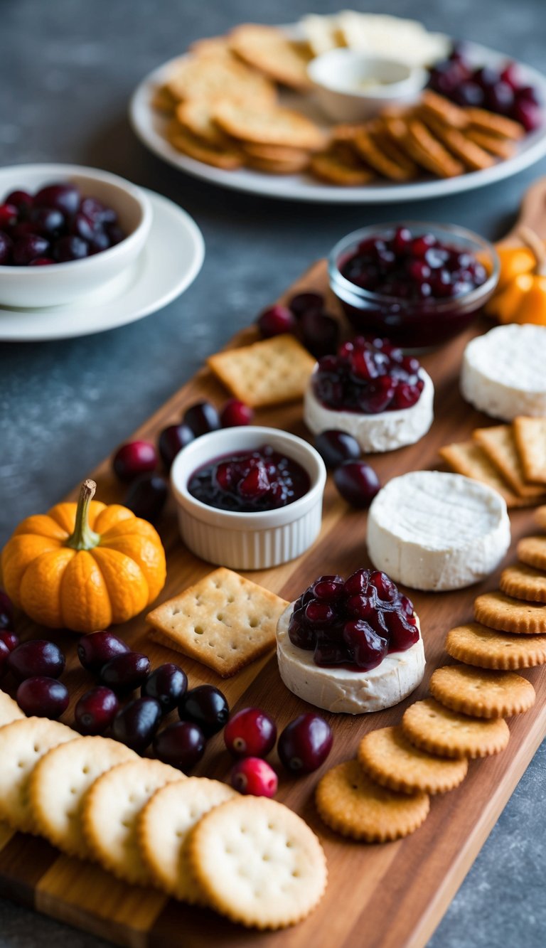 A wooden charcuterie board with brie, cranberry compote, and assorted Thanksgiving-themed appetizers arranged in an aesthetically pleasing manner