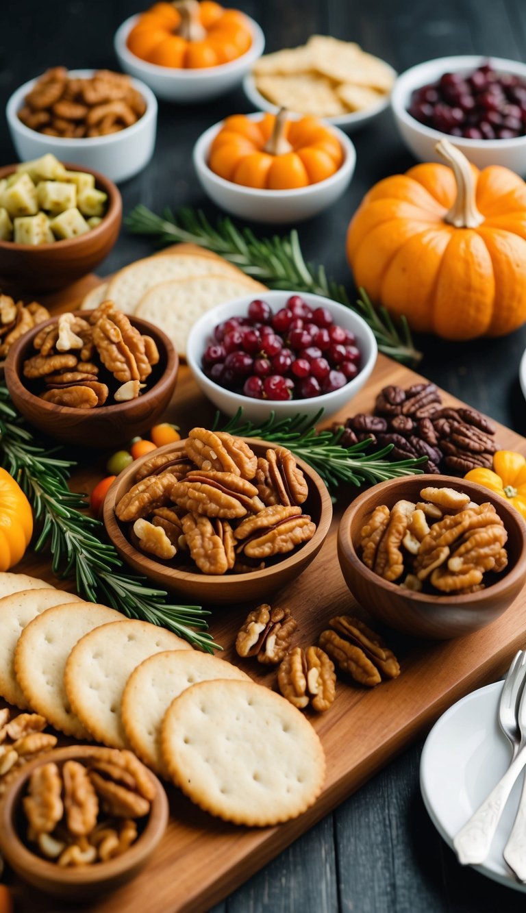 A wooden charcuterie board with rosemary spiced walnuts, surrounded by assorted Thanksgiving-themed snacks and appetizers