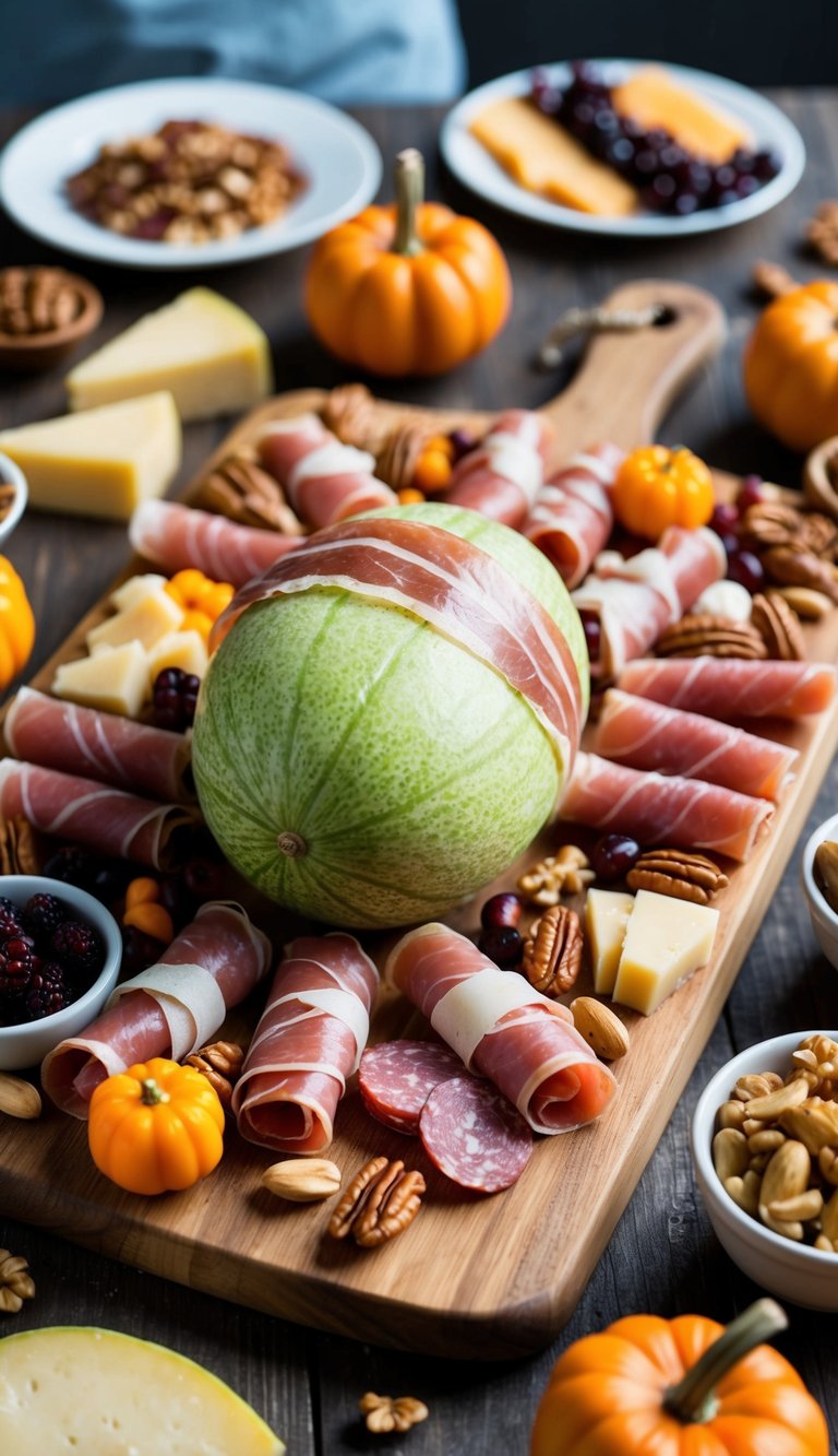 A rustic wooden charcuterie board adorned with prosciutto-wrapped melon, surrounded by an assortment of Thanksgiving-themed meats, cheeses, fruits, and nuts