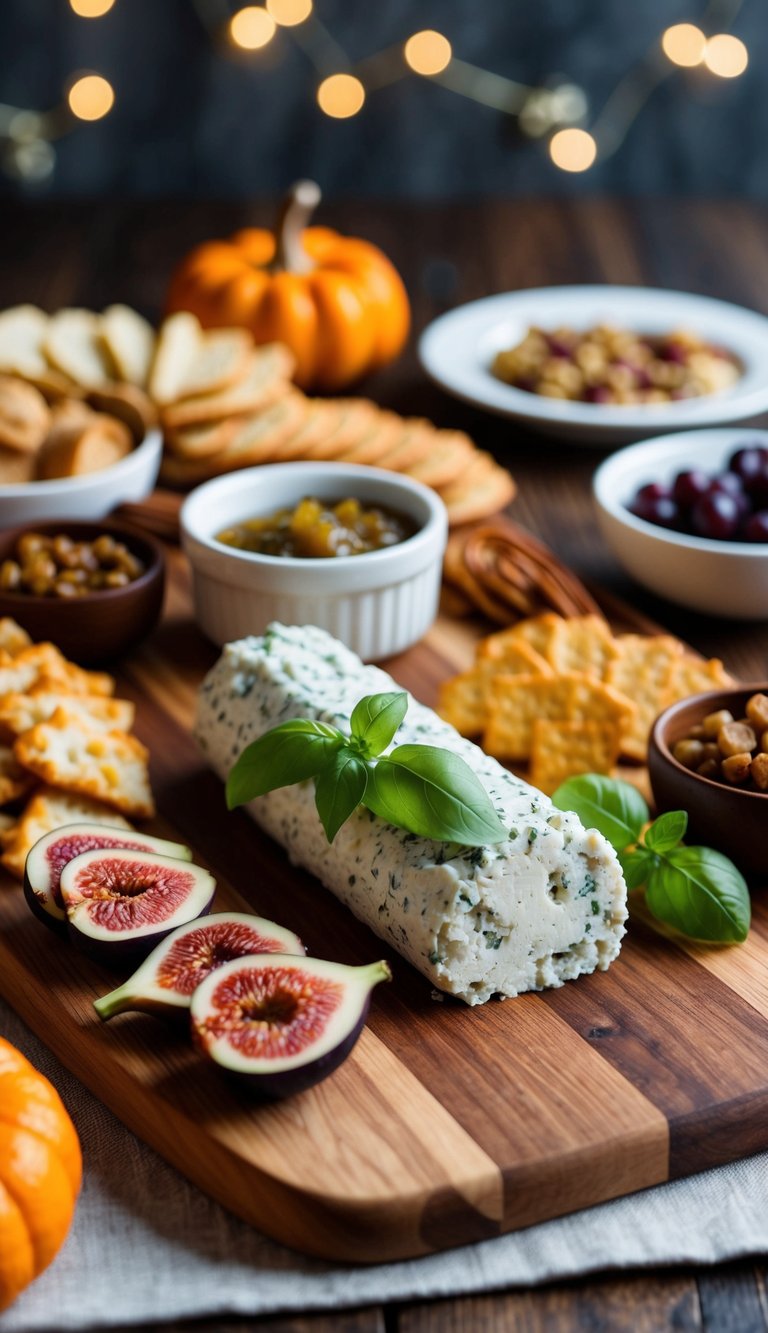 A wooden charcuterie board with a fig and basil goat cheese log, surrounded by various Thanksgiving-themed appetizers and snacks