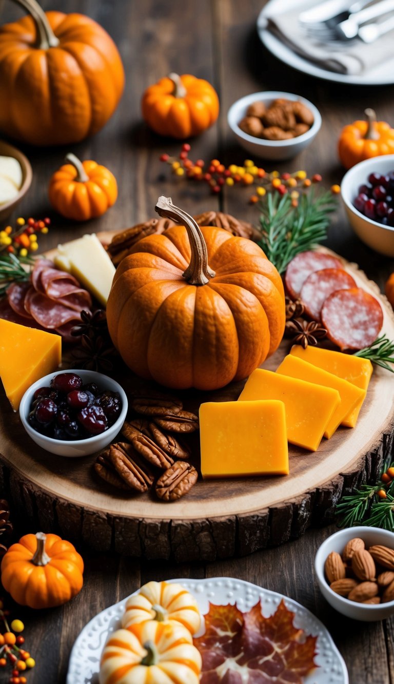 A rustic wooden board adorned with pumpkin spiced cheddar, surrounded by an array of Thanksgiving-themed charcuterie items and seasonal garnishes