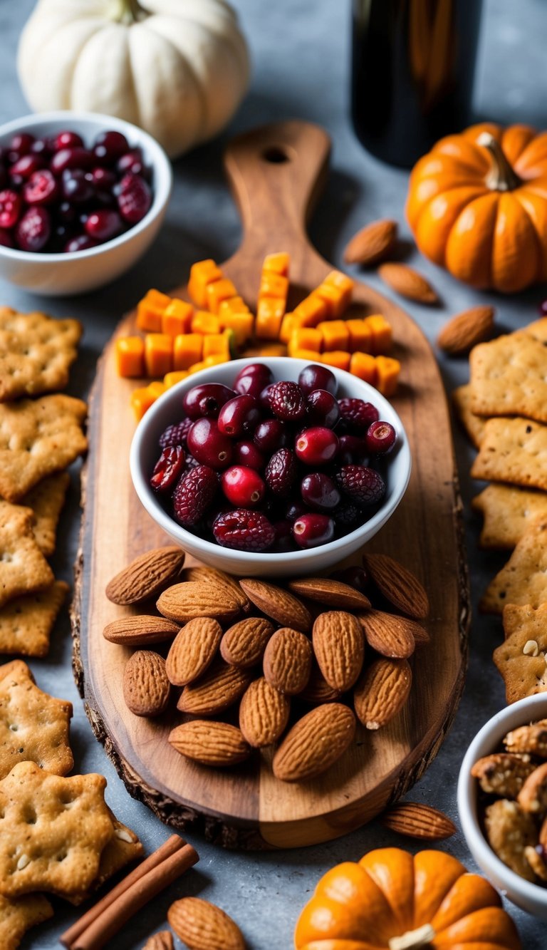 A rustic wooden charcuterie board adorned with cranberry cinnamon almonds, surrounded by other Thanksgiving-themed snacks and appetizers