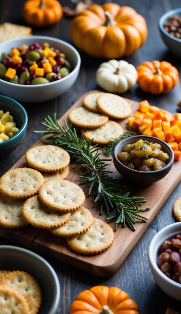 A wooden charcuterie board with rosemary garlic crackers, surrounded by various Thanksgiving-themed appetizers and garnishes