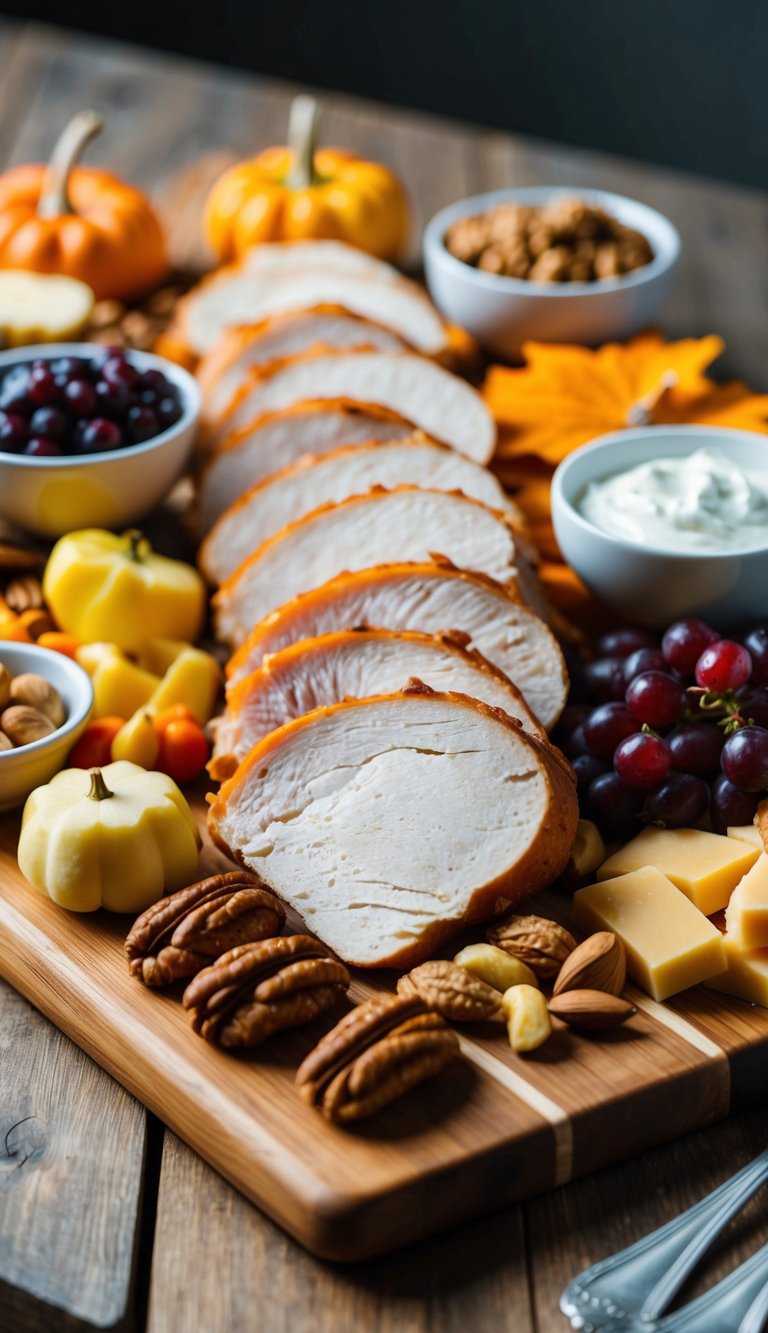 A wooden charcuterie board with an assortment of smoked turkey slices, accompanied by various Thanksgiving-themed accompaniments such as nuts, fruits, and cheeses
