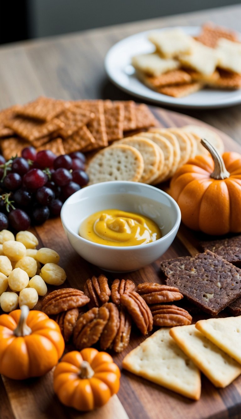 A wooden charcuterie board with various Thanksgiving-themed snacks and a small bowl of honey mustard dipping sauce in the center