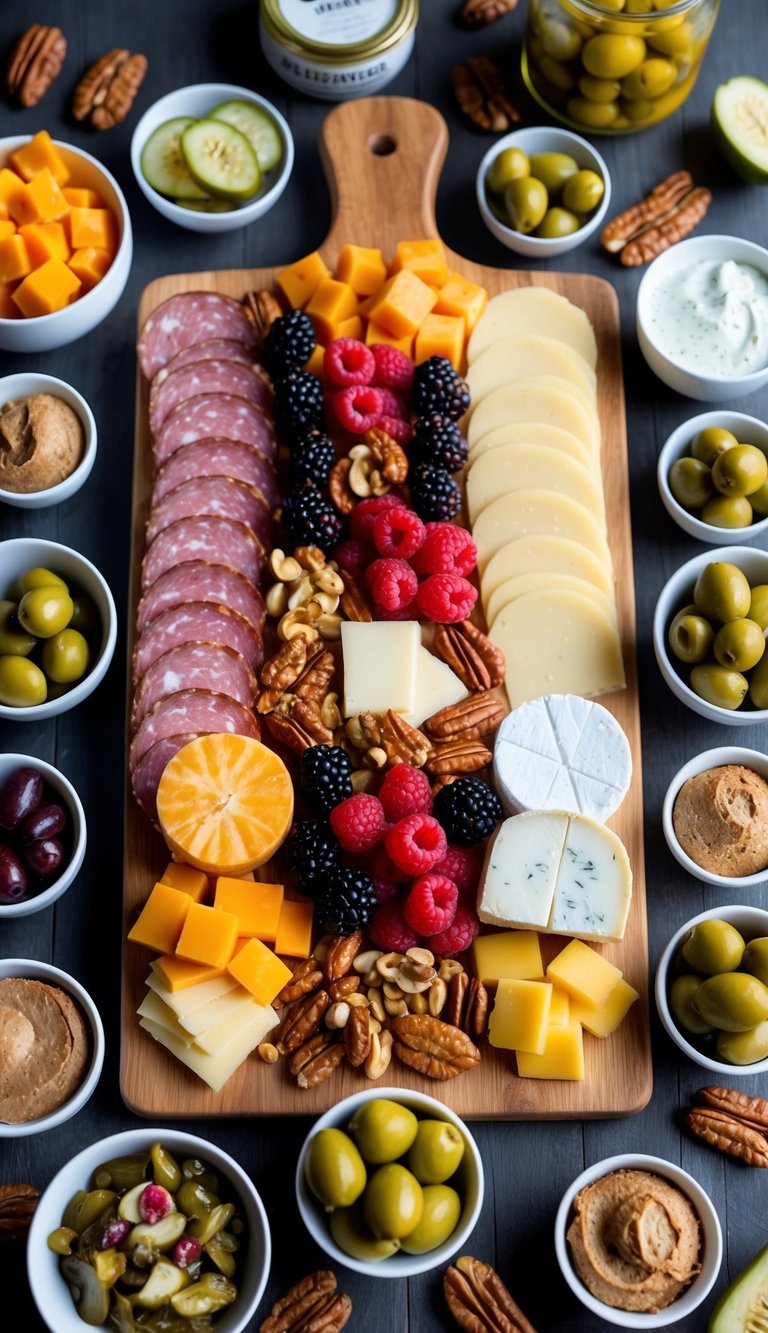 A colorful array of meats, cheeses, fruits, and nuts arranged on a wooden board, surrounded by small bowls of olives, pickles, and spreads