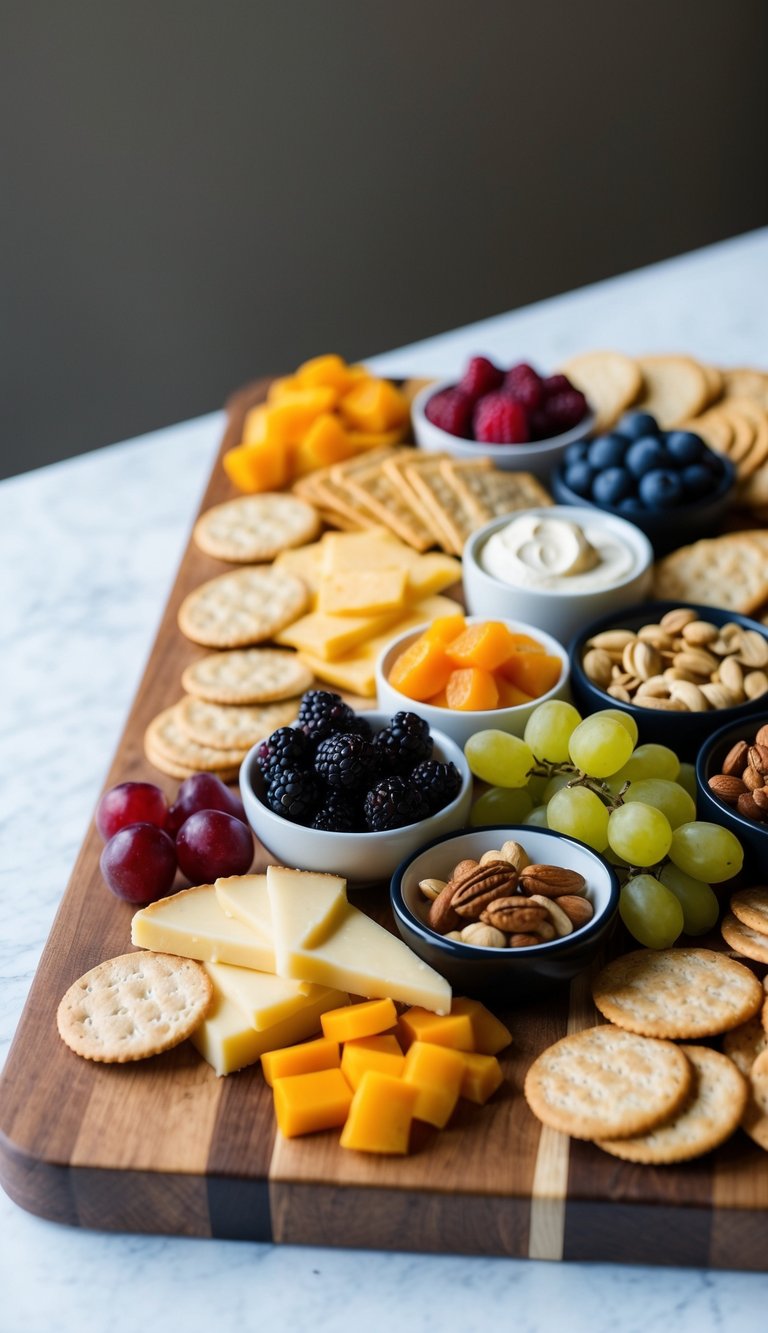 A wooden charcuterie board filled with an assortment of gourmet cheeses, crackers, fruits, and nuts, arranged in an aesthetically pleasing display