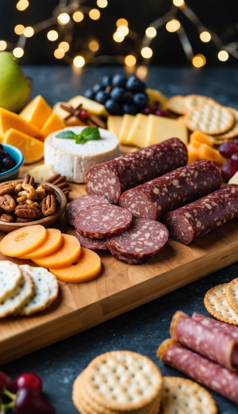 A wooden charcuterie board filled with slices of truffle salami, surrounded by various other meats, cheeses, fruits, and crackers