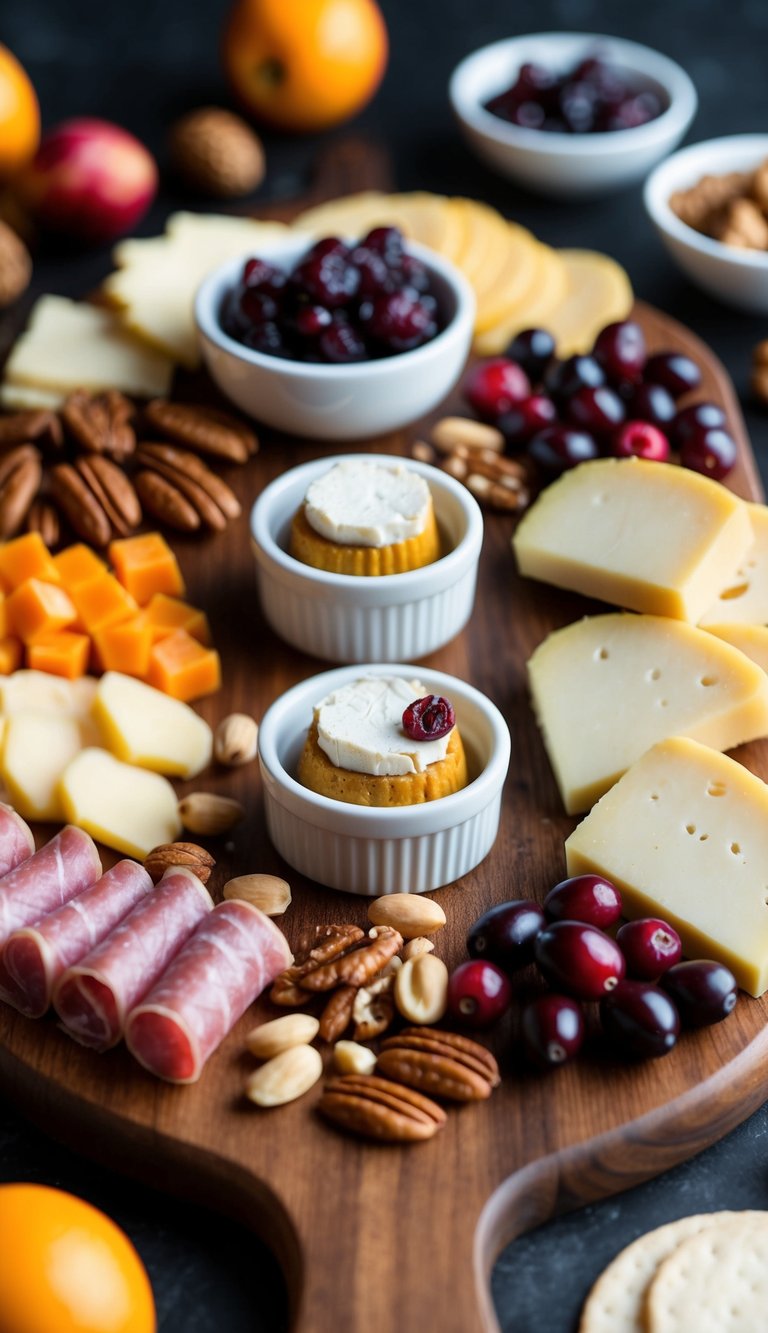 A wooden charcuterie board with brie and cranberry bites, surrounded by various meats, cheeses, fruits, and nuts