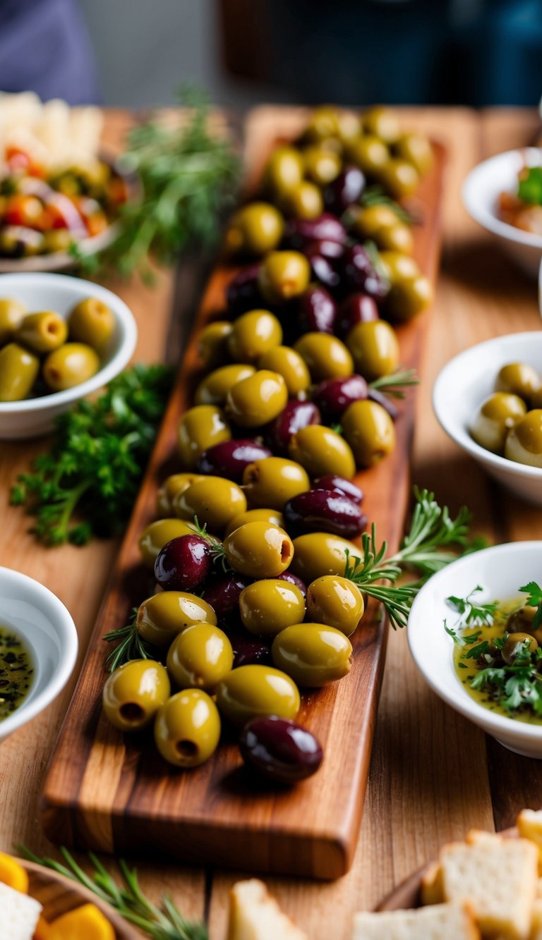 A wooden charcuterie board with an assortment of marinated olives, surrounded by other party appetizers and garnishes