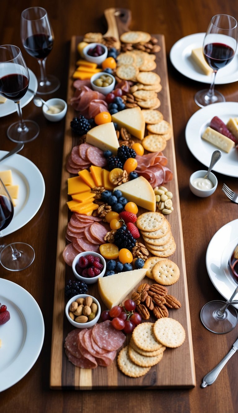 A wooden charcuterie board spread with an assortment of artisan crackers, cheese, meats, fruits, and nuts. Glasses of wine and small bowls of condiments are placed alongside the board