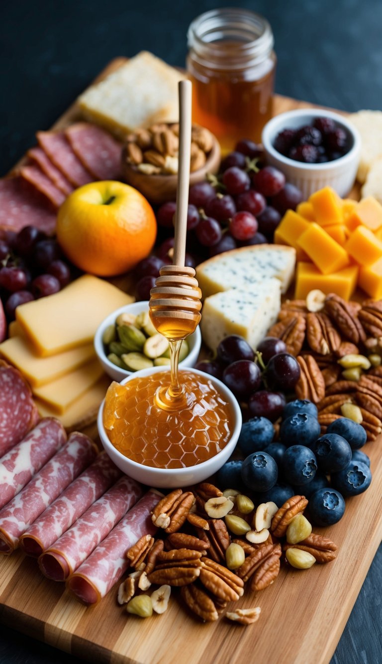 A wooden charcuterie board filled with a variety of meats, cheeses, fruits, nuts, and a drizzle of honeycomb