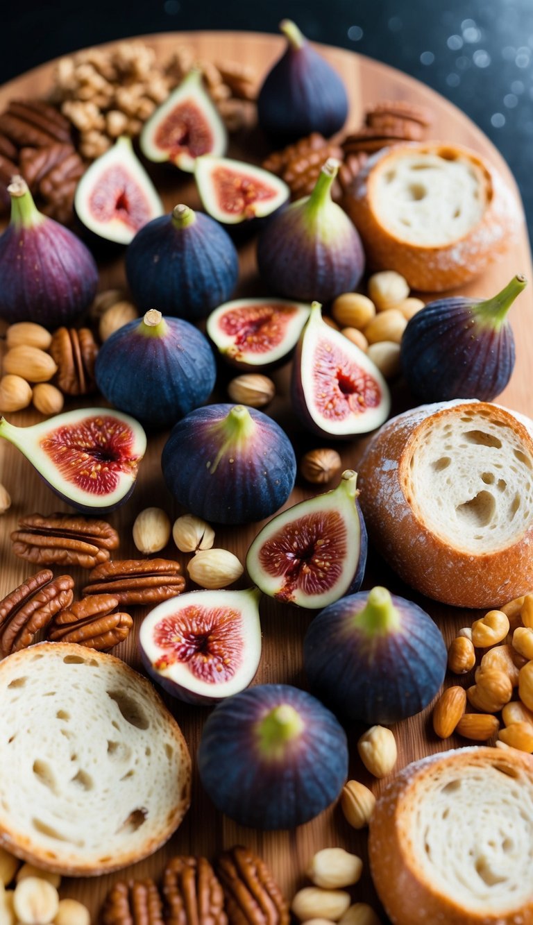 A colorful assortment of figs, nuts, and freshly baked bread arranged on a wooden charcuterie board