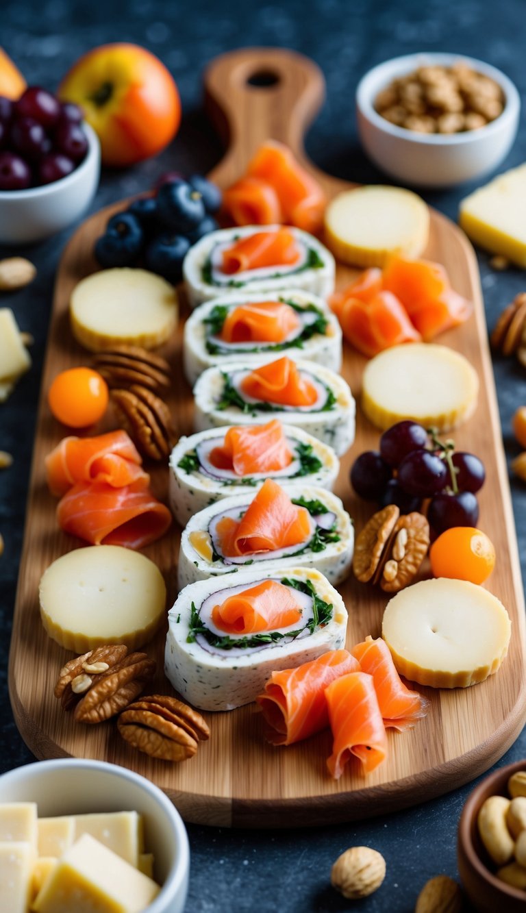 A wooden charcuterie board filled with smoked salmon rolls, surrounded by various cheeses, fruits, and nuts