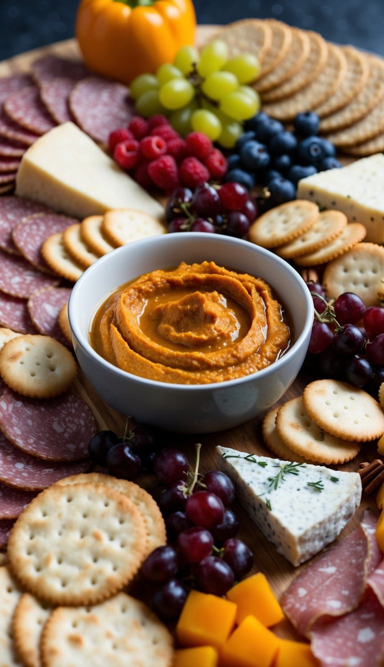 A large charcuterie board with a variety of meats, cheeses, fruits, and crackers, featuring a bowl of roasted red pepper hummus as the centerpiece