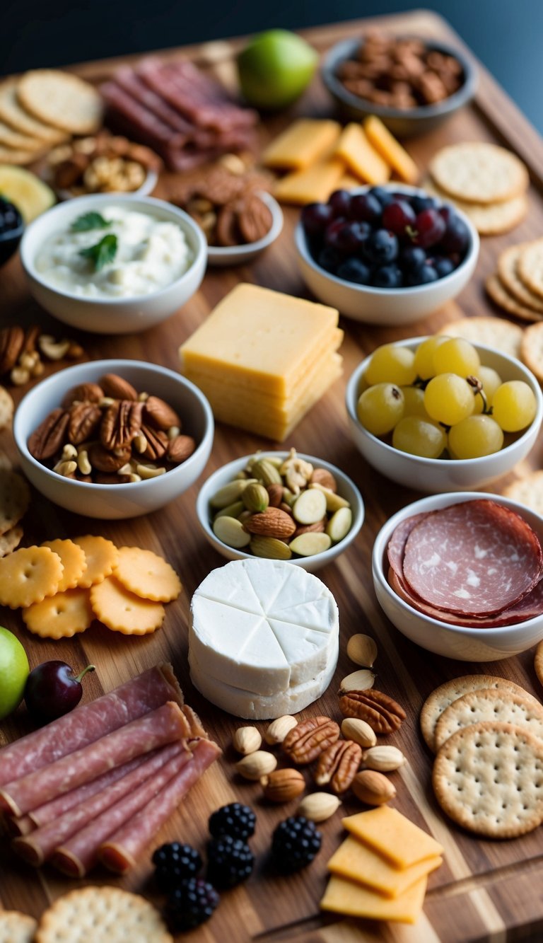 A wooden charcuterie board filled with an assortment of dairy-free meats, cheeses, nuts, fruits, and crackers, arranged in an aesthetically pleasing display