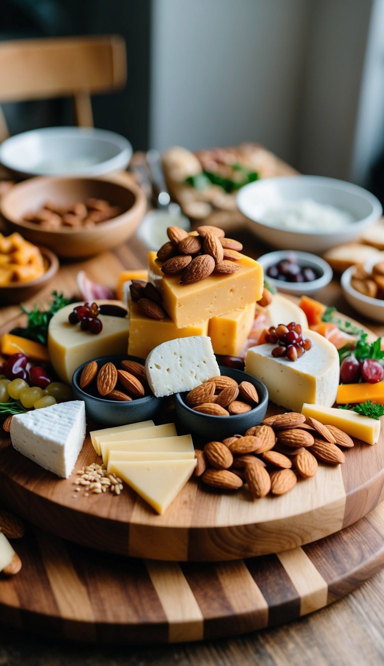 A wooden platter piled high with various types of almond-based cheese, accompanied by an assortment of dairy-free charcuterie items and garnishes