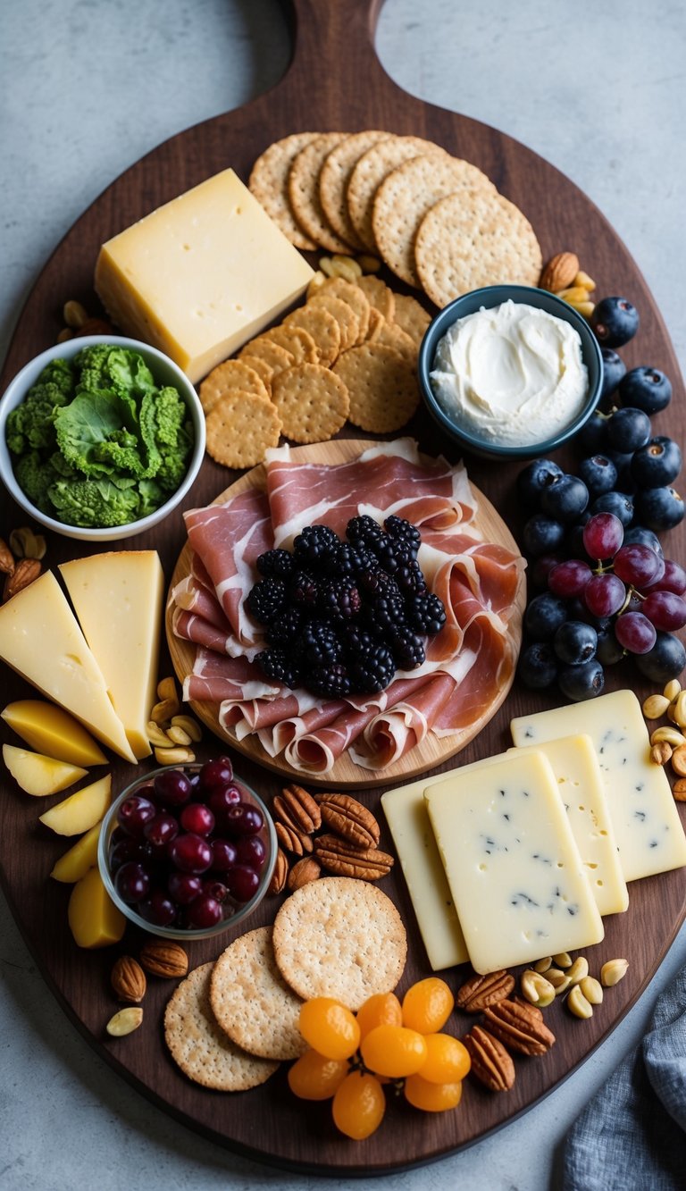 A wooden charcuterie board filled with vegan prosciutto, assorted plant-based cheeses, fruits, nuts, and crackers