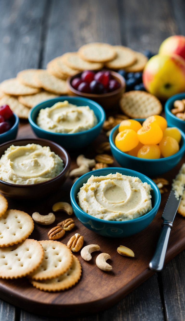 A wooden charcuterie board with small bowls of cashew garlic spread, surrounded by various dairy-free accompaniments like fruits, nuts, and crackers