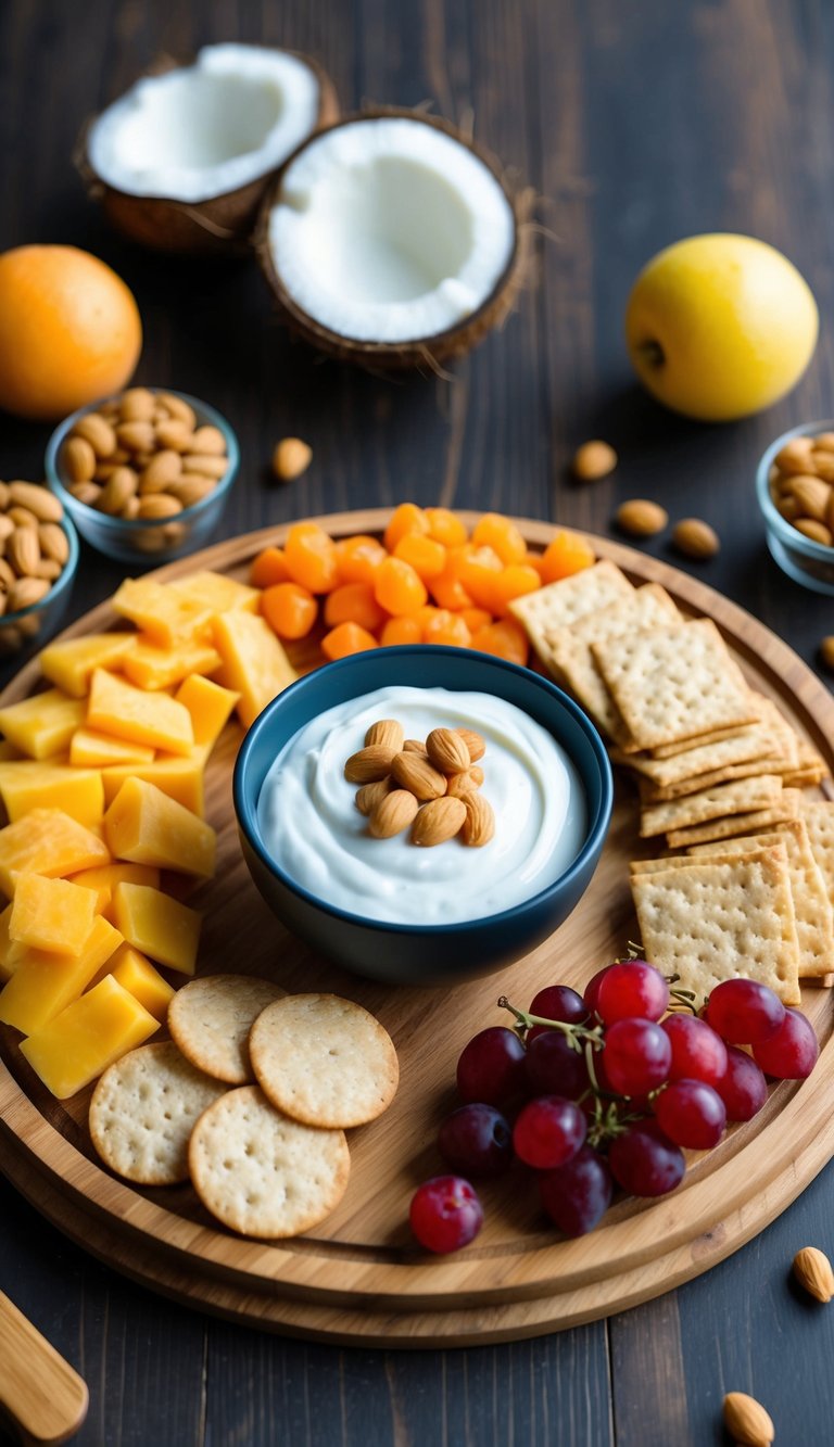 A wooden charcuterie board with coconut yogurt dip surrounded by dairy-free snacks and fruits, arranged in an aesthetically pleasing display