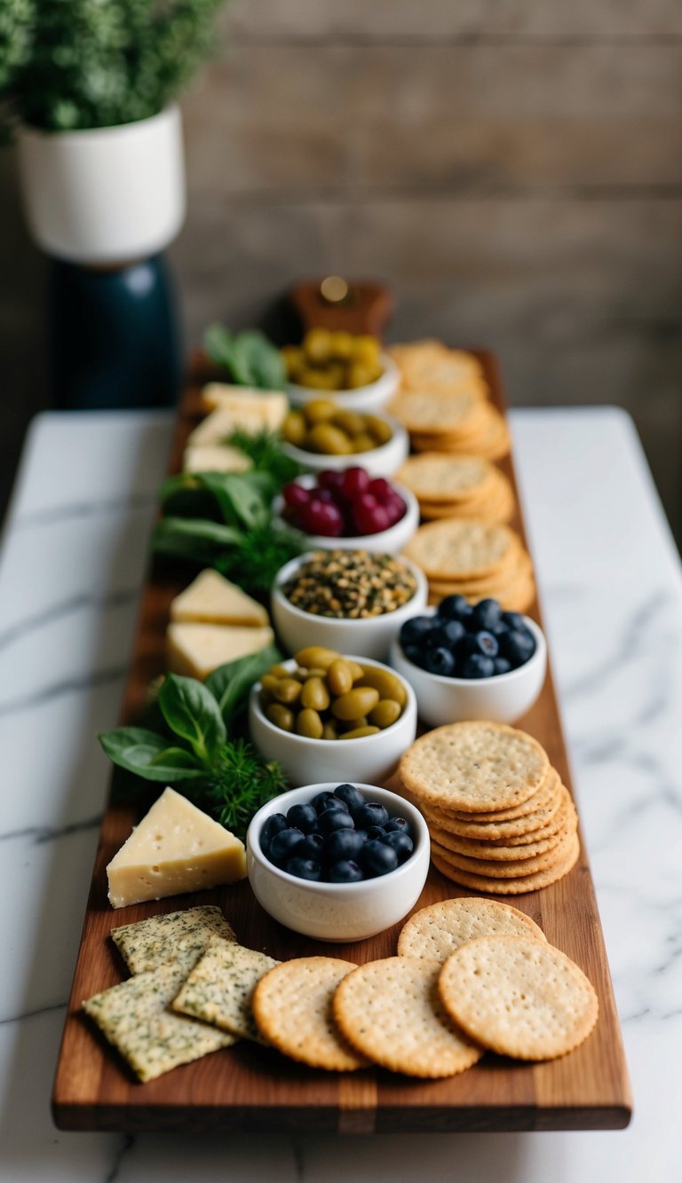 A wooden charcuterie board adorned with an array of gluten-free seeded crackers and dairy-free accompaniments