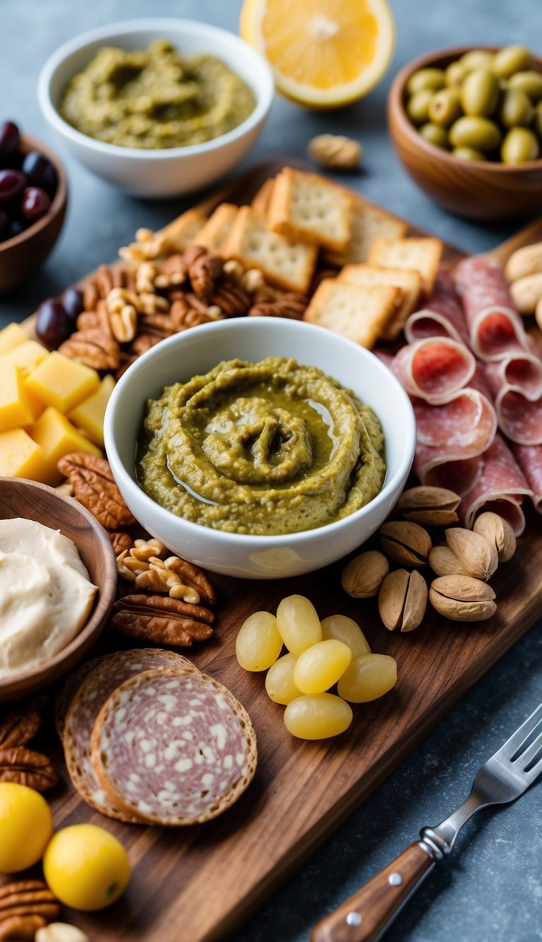 A wooden charcuterie board with bowls of olive tapenade, surrounded by assorted dairy-free meats, fruits, and nuts