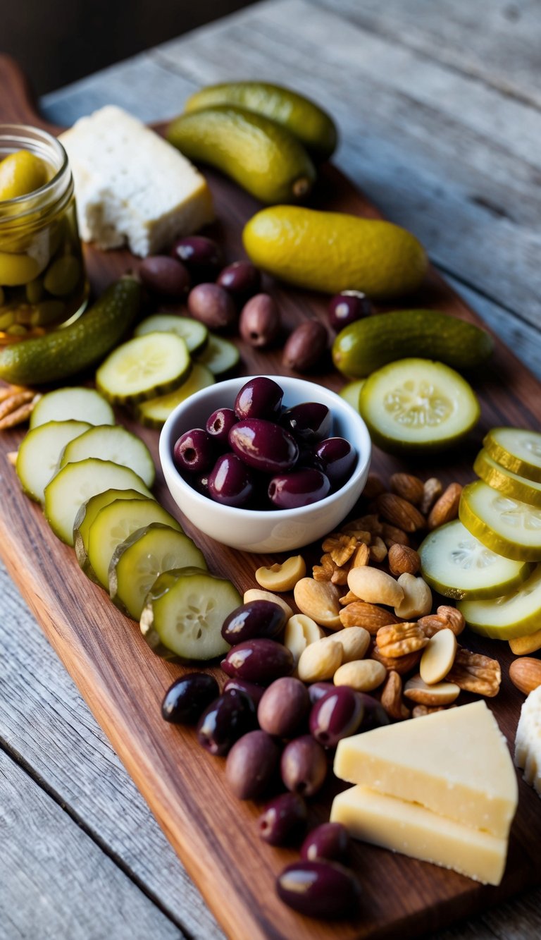 A rustic wooden charcuterie board adorned with a variety of artisanal pickles, olives, nuts, and dairy-free cheese alternatives