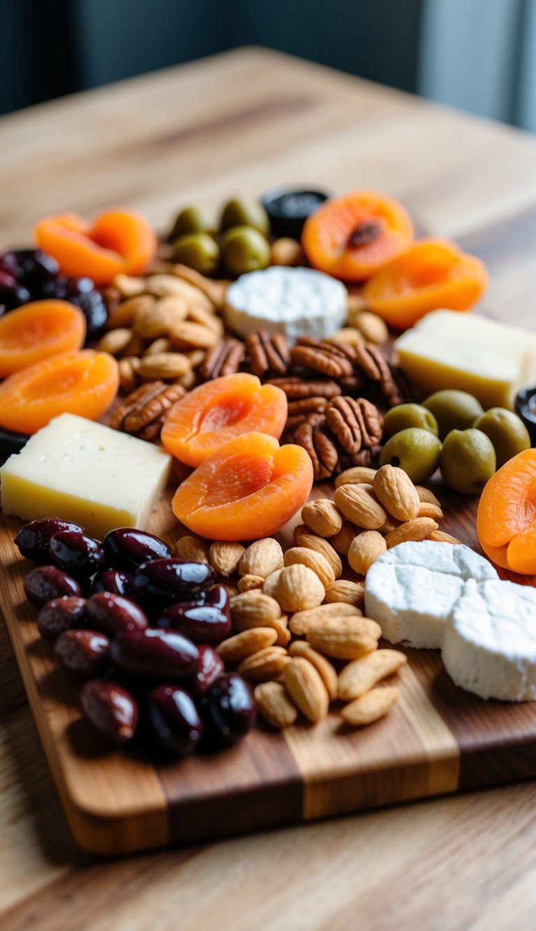 A wooden charcuterie board with an assortment of dried apricots, nuts, olives, and dairy-free cheeses arranged in an aesthetically pleasing display