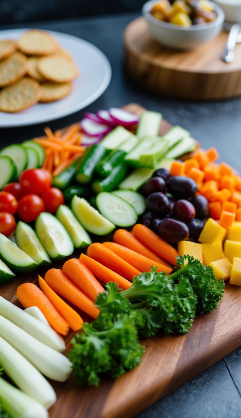 A wooden charcuterie board with an assortment of colorful vegetable crudités arranged in an artistic and appetizing display